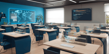 A modern classroom with holographic displays showing coding on computers and a world map on the wall.