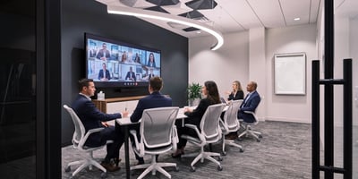 Modern meeting room with five people sitting around a long table having a discussion with people joining the meeting virtually on the screen.