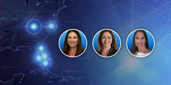 A technology-themed graphic featuring three professional headshots over a digital map of the southeastern United States with glowing network connection points highlighting regional locations.