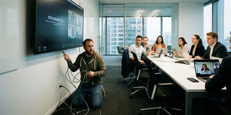 Room full of executives look on as an IT worker fixes a team meeting on the display.