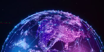 A glowing digital rendering of Earth at night, showing North America connected by a web of bright blue network nodes and lines.