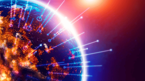 A glowing digital globe showing Europe and Asia illuminated by network connections, with colorful data lines radiating across a vibrant blue, purple, and red background.