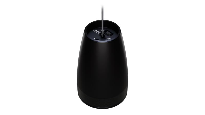 A matte black tapered pendant speaker is shown from above, with its top opening revealing the mounting hardware and a suspension cable extending upward against a dark background.