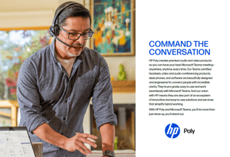 A man wearing a HP Poly headset speaks during a work call at a desk, alongside text promoting seamless collaboration with Microsoft Teams.