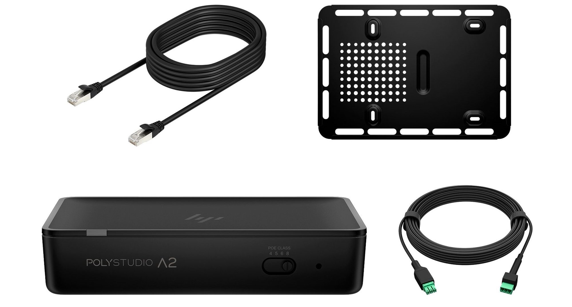 Product layout showing the Poly Studio A2 audio bridge alongside included accessories, including Ethernet and extension cables and a mounting plate, arranged on a white background.