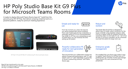 The HP Poly TC10 touch controller and Mini IP conferencing PC, with highlights for simple setup, robust design, powerful collaboration performance, and enterprise-grade management.