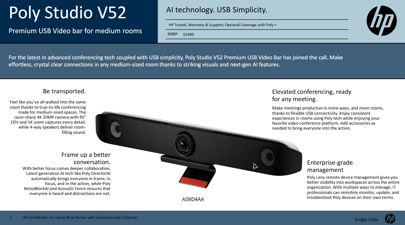 The Poly Studio V52 premium USB video bar for medium rooms, highlighting AI-powered conferencing features, specifications, pricing, and enterprise management alongside a product image and HP branding.